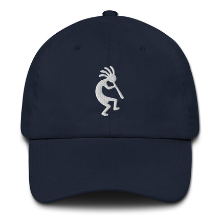 Embroidered Kokopelli baseball cap featuring Native American flute player design art.