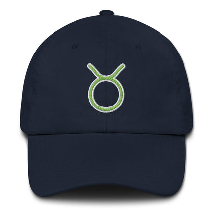 Green baseball cap embroidered with the Taurus zodiac symbol for astrology lovers.