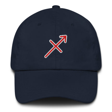 Embroidered Sagittarius zodiac sign cap featuring a vibrant red arrow design.