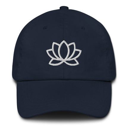 Embroidered lotus flower dad hat on unstructured cotton baseball cap.