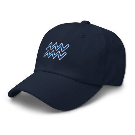 Blue embroidered dad cap featuring the Aquarius zodiac sign symbol for astrology fans.