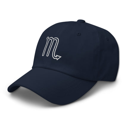 Embroidered Scorpio zodiac sign outline baseball cap for astrology lovers.