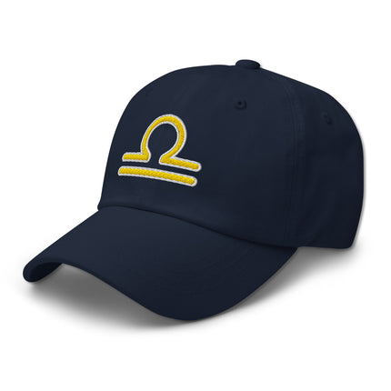 Embroidered yellow Libra zodiac symbol baseball cap for astrology fans.