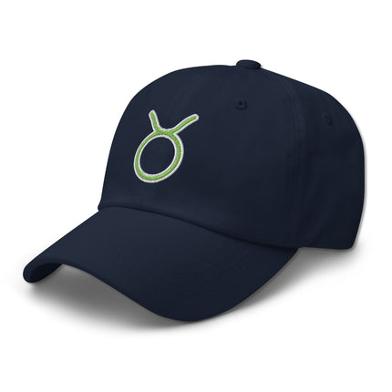Green baseball cap embroidered with the Taurus zodiac symbol for astrology lovers.