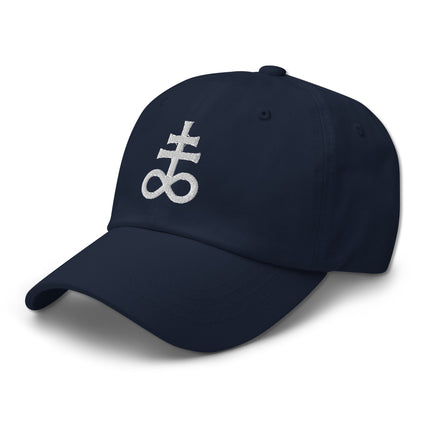 Embroidered Leviathan Cross baseball cap featuring the brimstone symbol design.