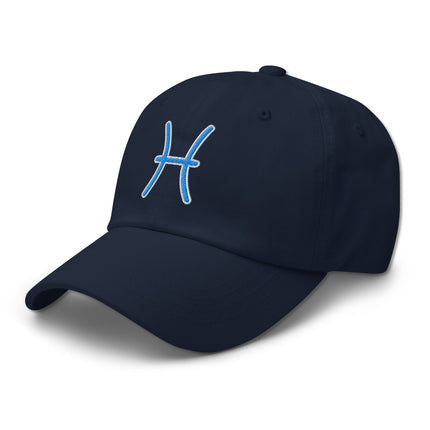 Embroidered blue Pisces zodiac symbol hat for astrology fans.