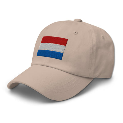 **Option 1 (Best SEO Balance):**
Embroidered Dutch flag baseball cap for showing national pride in the Netherlands.

**Option 2 (Focus on Style/Product Type):**
Unstructured dad hat featuring embroidered Dutch Pride and the Netherlands flag design.

**Option 3 (Most Concise):**
Dutch Pride embroidered dad hat with the Netherlands flag design.