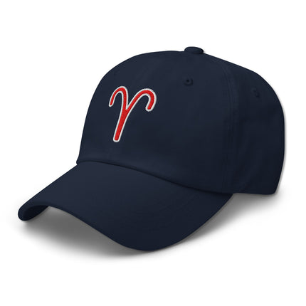 Black baseball cap featuring embroidered red Aries zodiac sign embroidery.