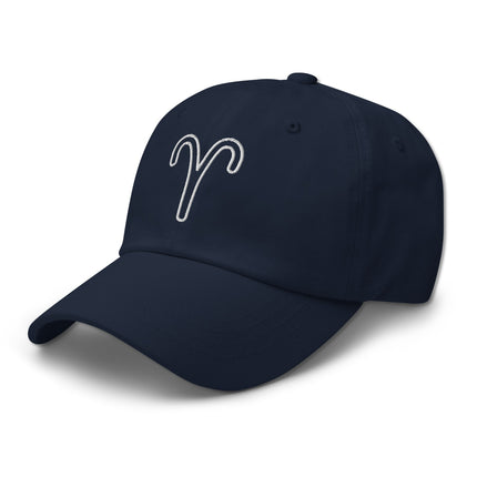 Embroidered baseball cap featuring the Aries zodiac symbol outline.