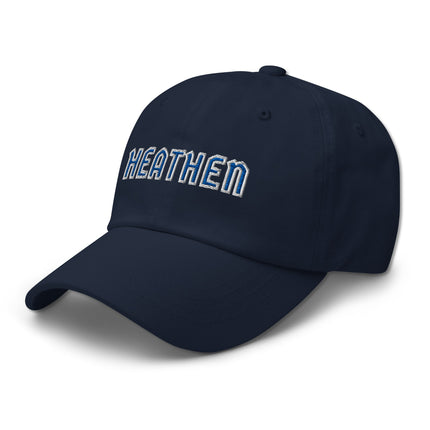 Blue and white embroidered dad hat with heathen text design on an unstructured baseball cap.
