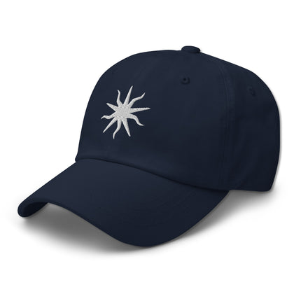 Embroidered occult sun dad hat featuring a wavy sun design on an unstructured cotton baseball cap.