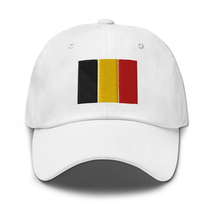 Embroidered Belgium flag baseball cap featuring black, yellow, and red stripes.
