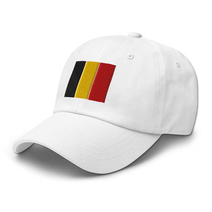 Belgian flag embroidered baseball cap with black, yellow, and red stripes.