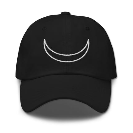 Crescent moon embroidered baseball cap featuring a celestial lunar symbol design.