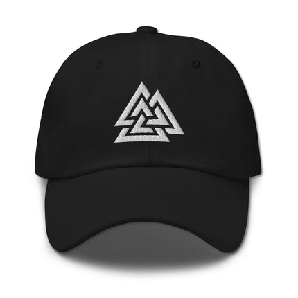 Black baseball cap featuring the embroidered Norse Valknut symbol for viking style.