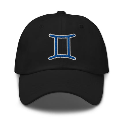 Blue embroidered baseball cap featuring the Gemini zodiac symbol.