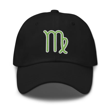 Green dad hat embroidered with the Virgo zodiac sign symbol for astrology fans.