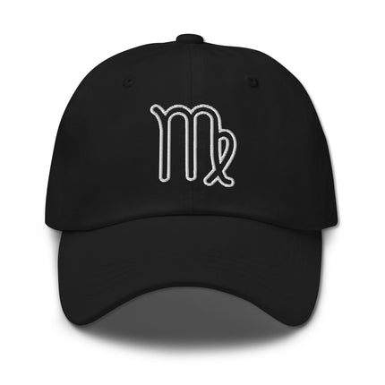 Embroidered black baseball cap featuring the minimalist outline of the Virgo zodiac sign.
