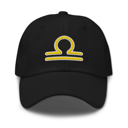 Embroidered yellow Libra zodiac symbol baseball cap for astrology signs.