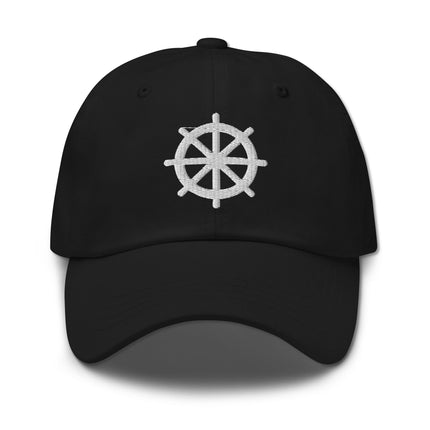 Black baseball cap embroidered with the sacred Eight-Spoked Dharma Wheel symbol.