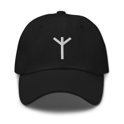 Embroidered Algiz rune baseball cap featuring the Norse Elder Futhark protection symbol.