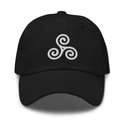 Embroidered Celtic Triskelion spiral dad hat cap with knotwork design.