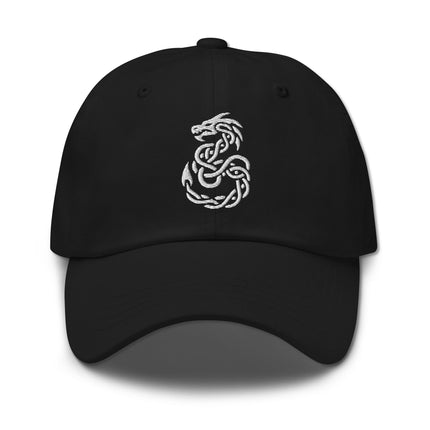 Celtic knotwork dragon embroidered baseball cap dad hat design.