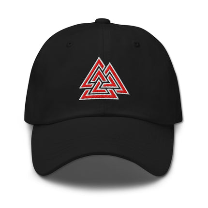 Red baseball cap embroidered with the Norse Valknut Asgard symbol.