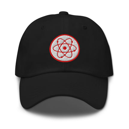 Black embroidered hat featuring a scientific radioactive atom symbol design.