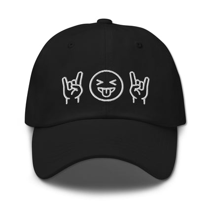 Embroidered dad hat featuring rocker emoji design, "rock on" hand sign, and playful tongue-out face.