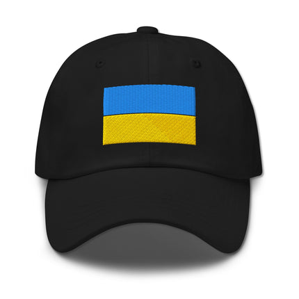 Black baseball cap featuring embroidered Ukrainian national flag design for support.