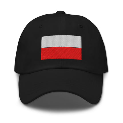 Embroidered Polish flag dad hat on an unstructured baseball cap for showing national pride.