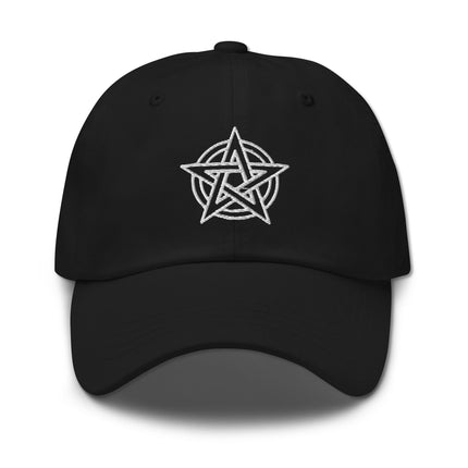 Embroidered pentagram dad hat with unstructured cotton cap and occult pentacle design.