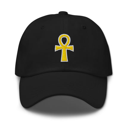 Black dad cap with gold embroidered Egyptian Ankh symbol of life.