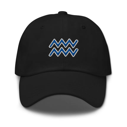 Blue embroidered dad cap featuring the Aquarius zodiac sign symbol.