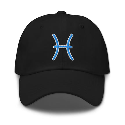 Embroidered blue Pisces Zodiac symbol baseball cap for astrology signs.