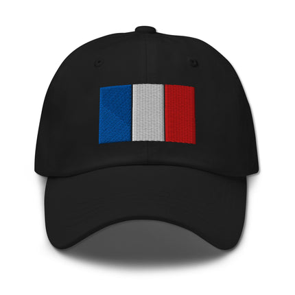 Embroidered French tricolor flag on a black baseball cap dad hat.