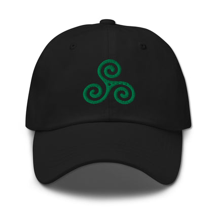 Embroidered green baseball cap featuring the Celtic Triskelion symbol.