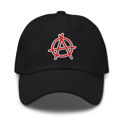 Red embroidered baseball cap featuring the Anarchy 'A' symbol in a circle design.