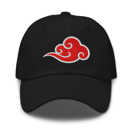 Red dad hat embroidered with traditional Chinese auspicious cloud pattern.