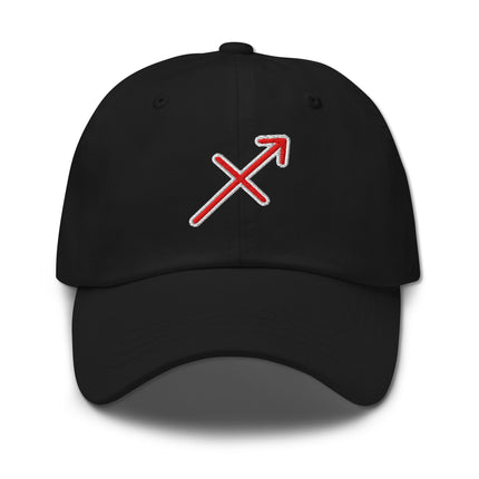Embroidered Sagittarius zodiac symbol hat featuring a red arrow design for astrology fans.