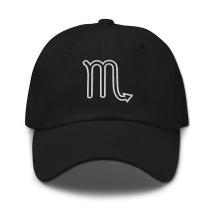 Embroidered Scorpio zodiac sign outline baseball cap for astrology lovers.