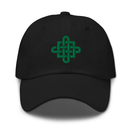 Green Celtic knot embroidery on a casual cotton baseball cap dad hat.