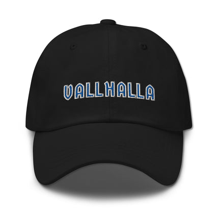Valhalla blue embroidered baseball cap featuring Norse Viking mythology designs.