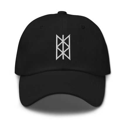 Embroidered Norse Web of Wyrd cap featuring Viking runes and runic Skuld's net design.