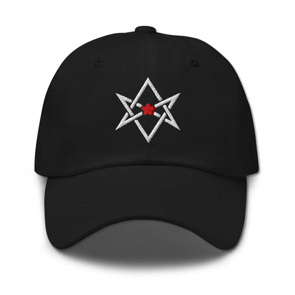 Red embroidered Thelema Hexagram baseball cap with red star motif.