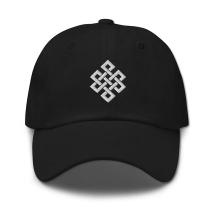 Embroidered Endless Knot baseball cap featuring Buddhist knotwork symbol design.