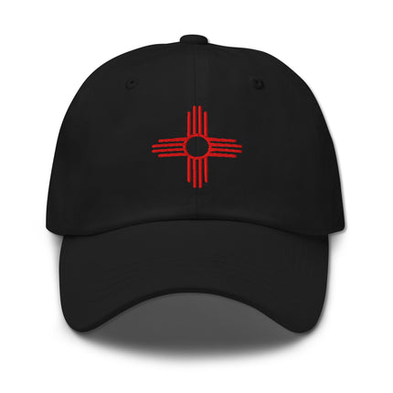 Southwest dad hat featuring embroidered New Mexico Zia Sun design baseball cap.