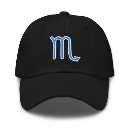 Blue embroidered baseball cap featuring the Scorpio zodiac symbol and constellation design.