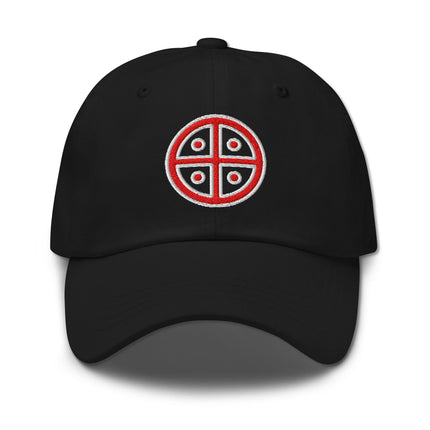 Red embroidered solar cross dad hat featuring a prominent sun symbol design.